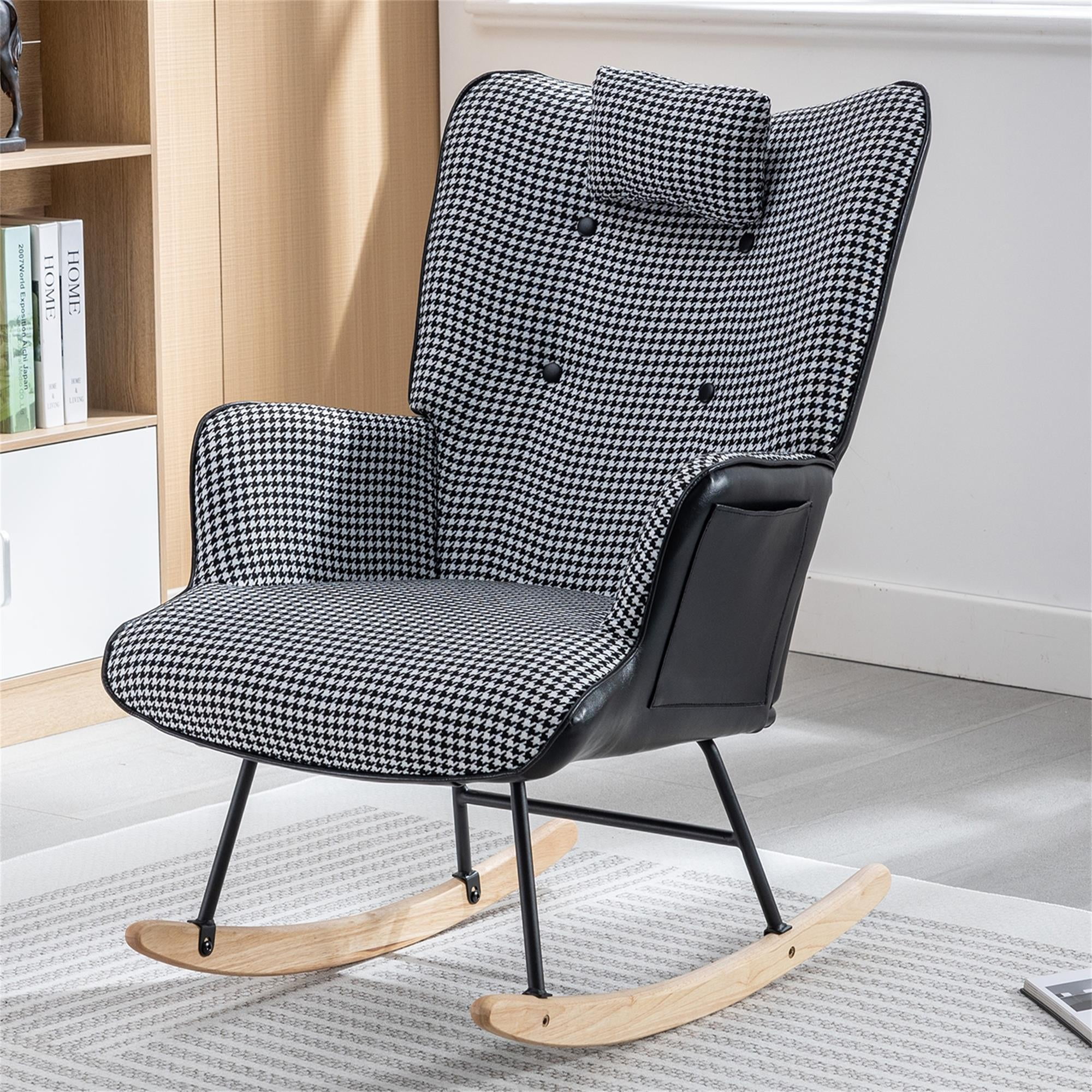 Kadyn 35.5" Rocking Chair Nursery, Single Sofa Chairs with Safe Solid Wood Base and Side Pockets for Bedroom, Black White