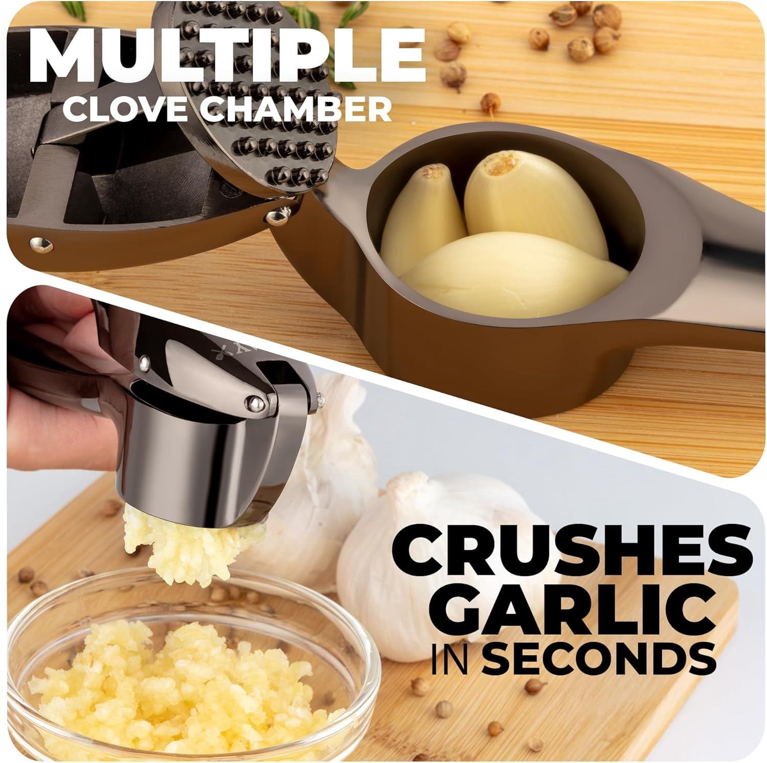 Medium Dark Gray Rust Proof Garlic Press Set Dishwasher Safe Mincer with Silicone Peeler & Brush