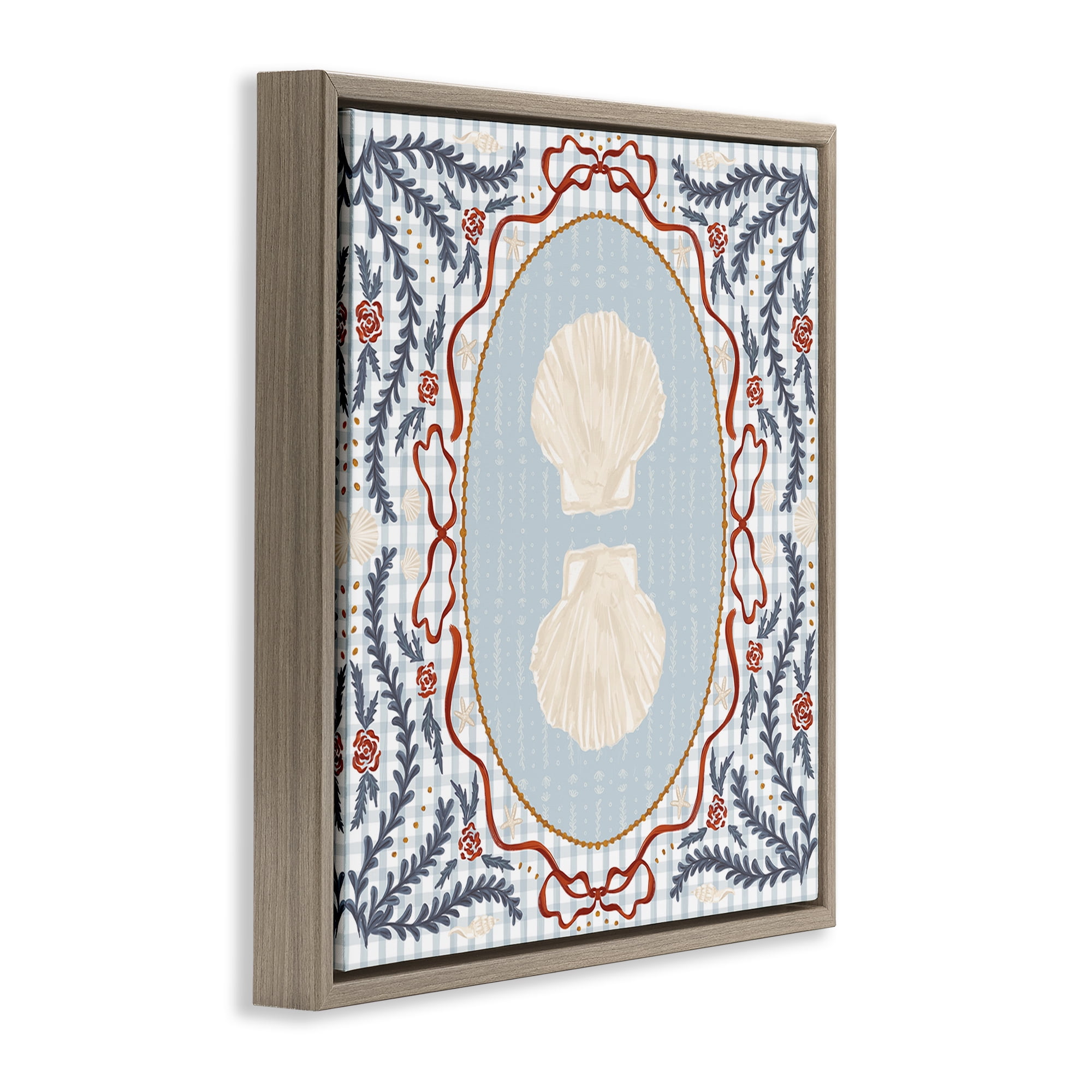 Stupell Industries Shells Portrait on Gingham Brown Framed Floater Canvas Wall Art, design by Vero Illustrates
