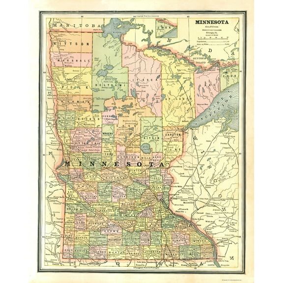 Historic State Map - Minnesota - Cram 1886 - Vintage Wall Art