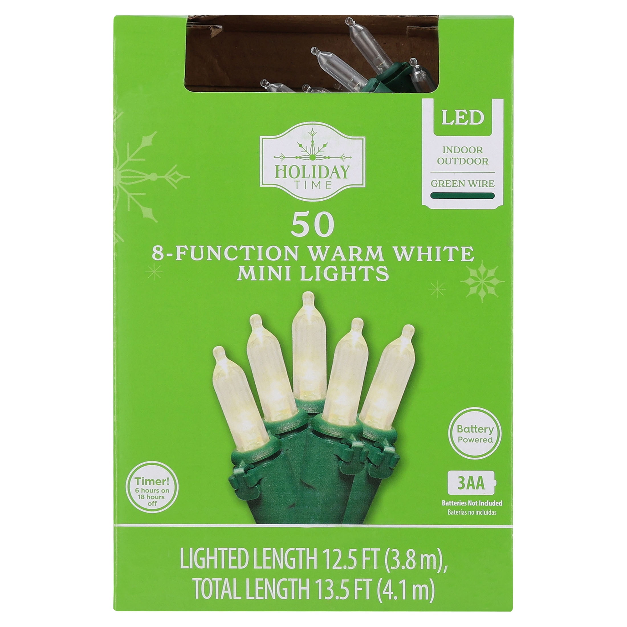 Indoor/Outdoor 50-Count LED 8-Function Mini Christmas String Lights, Warm White, Green Wire, 12.5', by Holiday Time