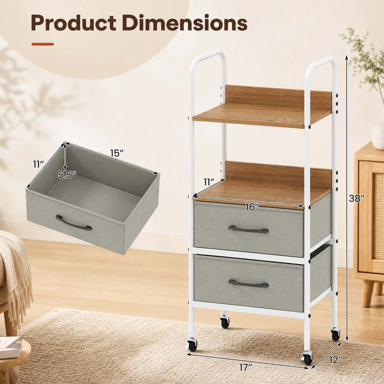 Furnibear Rolling Utility Storage Cart with 2 Open Shelves and 2 Fabric Drawers for Home Office Filing Document Letter Legal Storage, Natural