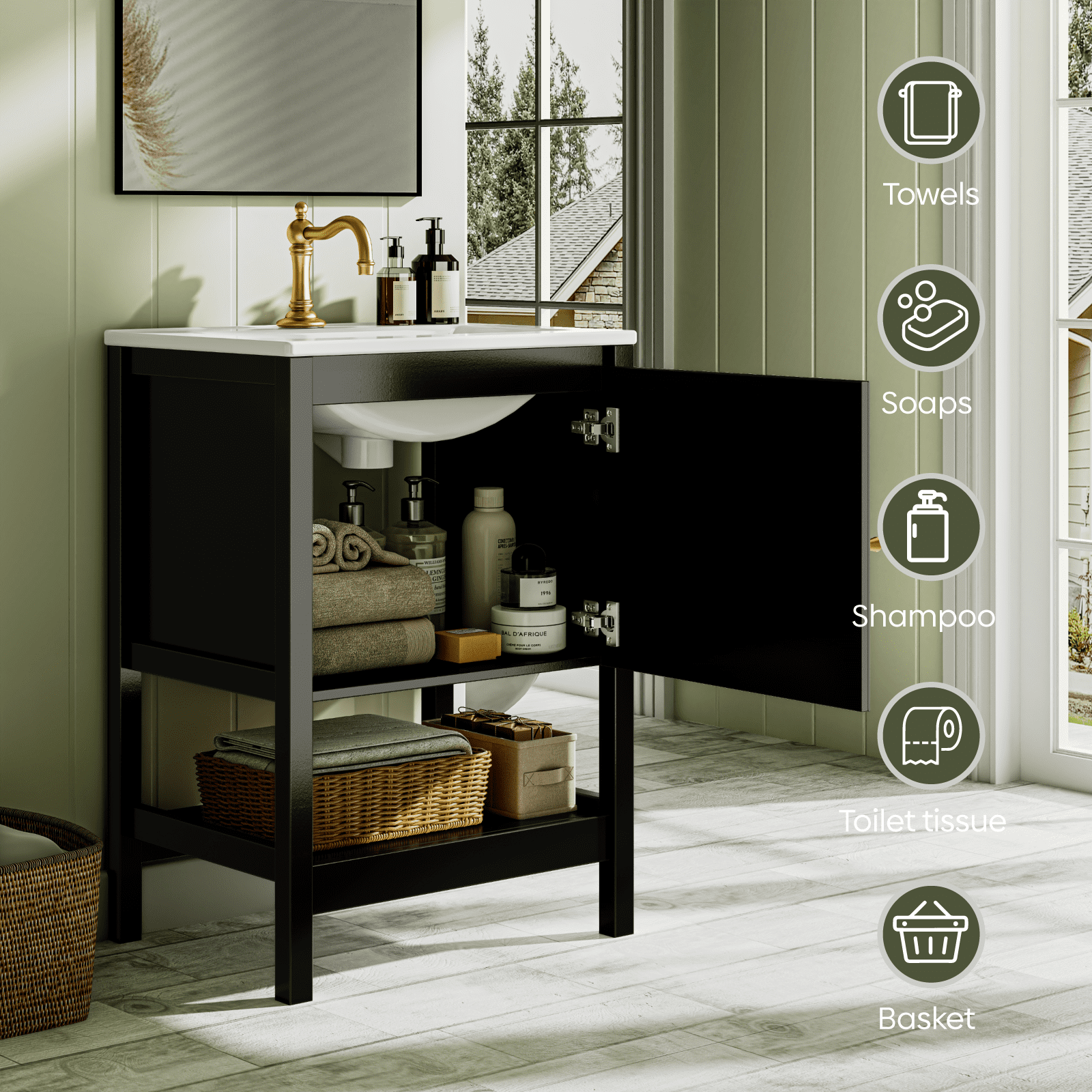 EVOKEDEN 24" Bathroom Vanity with Sink, Small Farmhouse Freestanding Bathroom Cabinet Combo Set, Soft Closing Door and Open Storage Shelf, Black