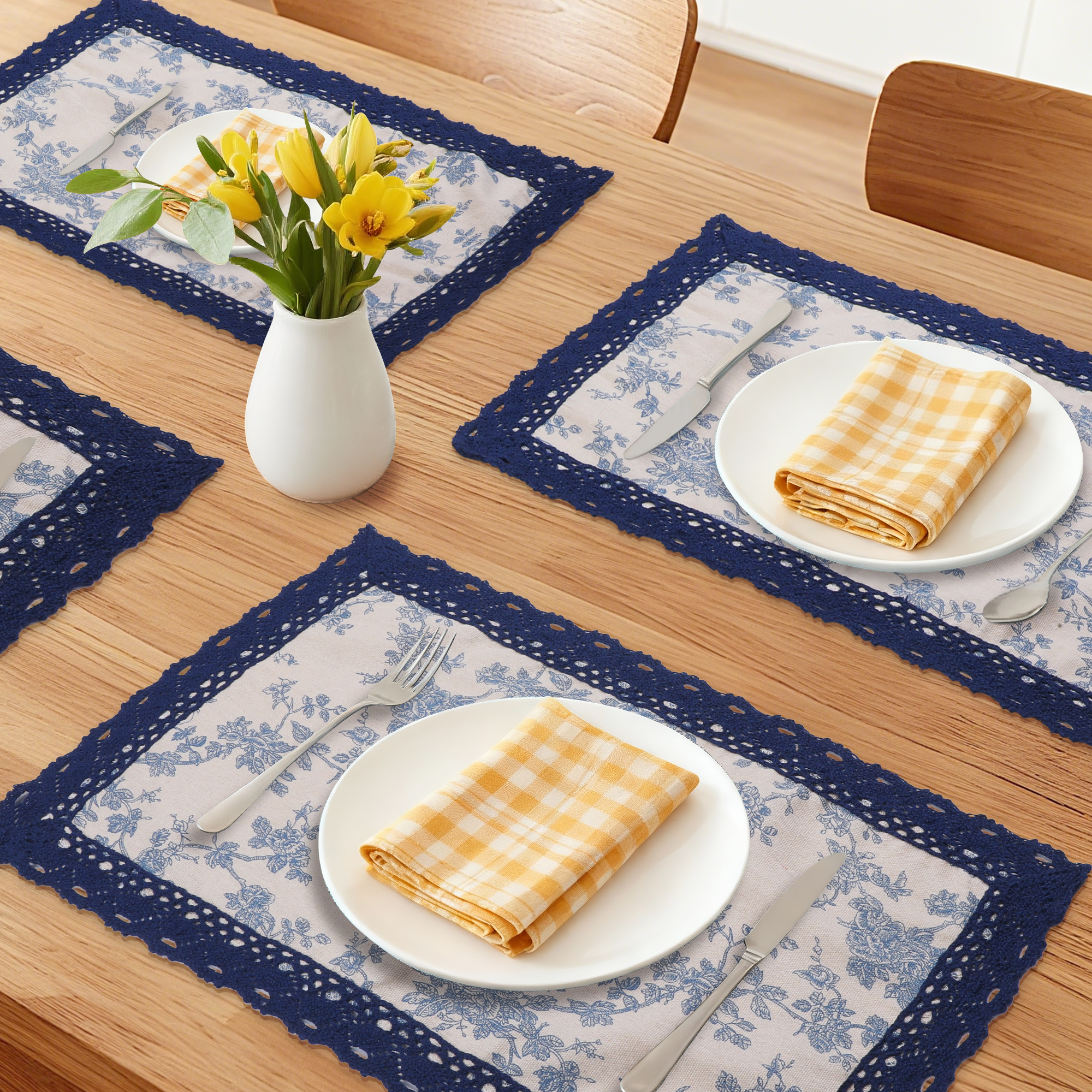Unique Bargains Set of 6 Rustic Washable Table Mat Placemats with Lace Trim Blue Rose