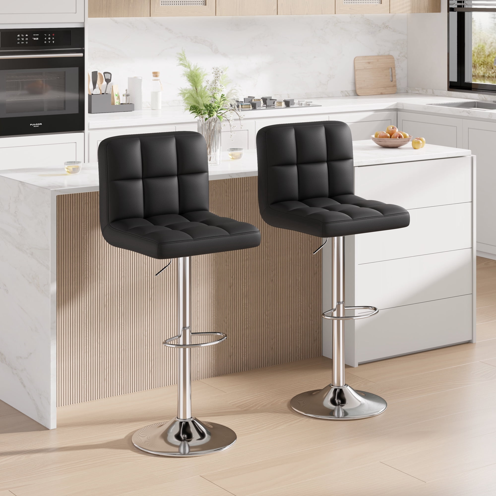 Hawsaiy Modern Adjustable Swivel Bar Stools Set of 2, PU Leather Bar Chairs with Footrest, Black