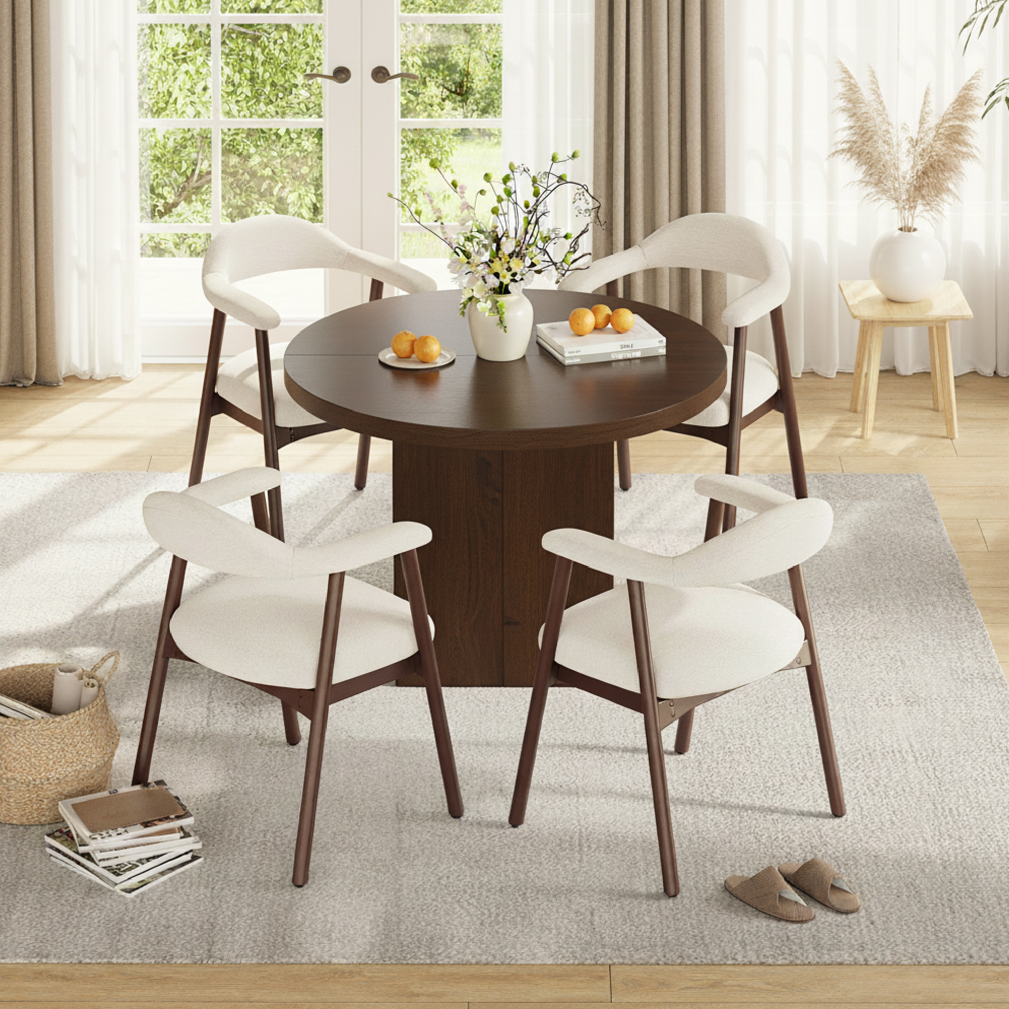 AFO Upholstered Dining Chairs Set of 2, Mid-Century Modern Fabric Kitchen Arm Chairs with Rubberwood Frame, Beige