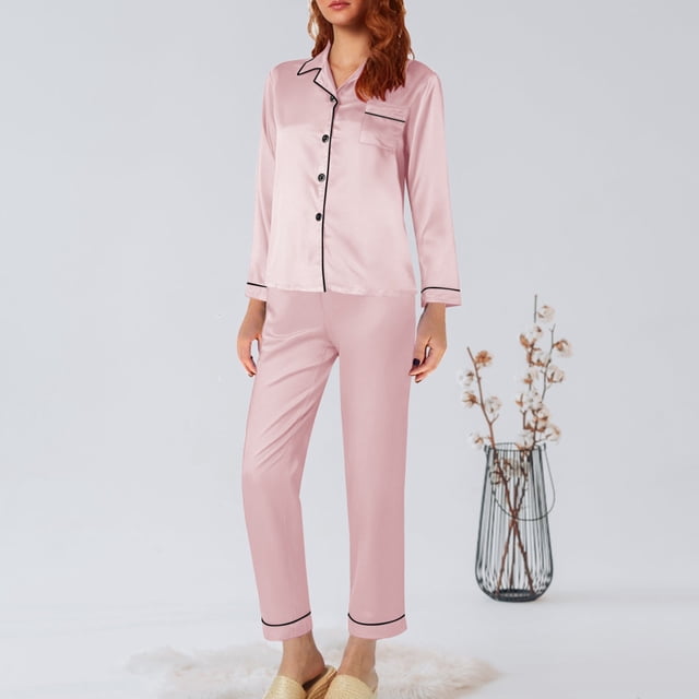 Ensemble de Pyjama en Satin Long pour Femmes Coupe Ample M-5TG