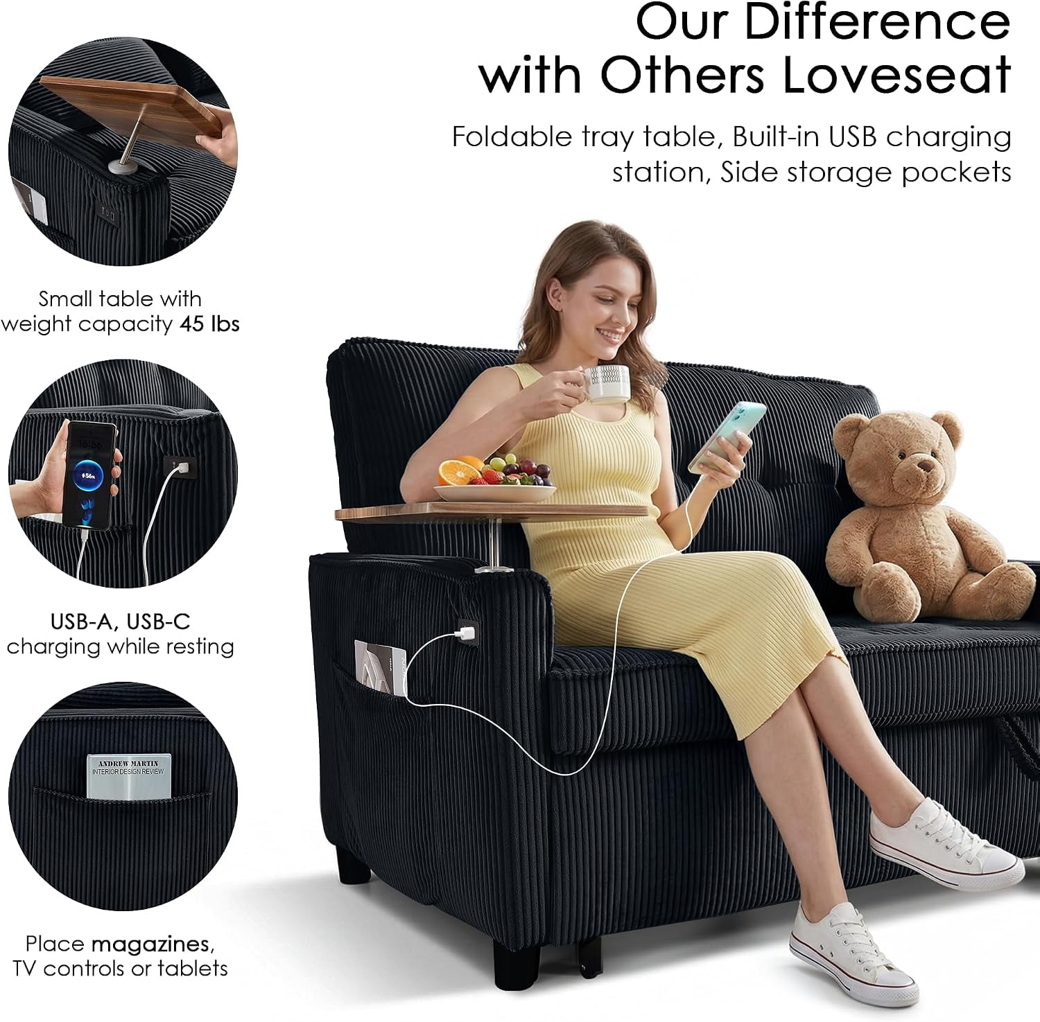 55" Sleeper Sofa Bed, Convertible Pull Out Couch with Side Stand, USB Ports, Side Pockets, Corduroy Fabric, Adjustable Backrest, Black