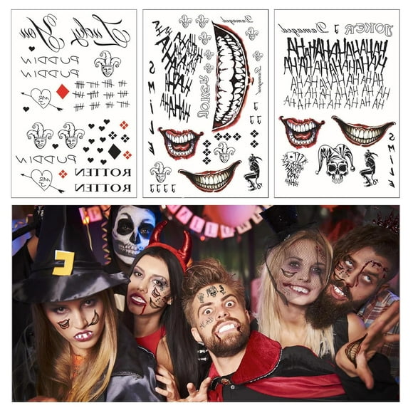 Halloween Prank Makeup Temporary Tattoo, Horror Big Mouth Stickers Lip Temporary Tattoos For Clown Joker Adults Kids Makeup Props For Halloween Cosplay, Prank Decorations, Haunting Party(3 Sheets)