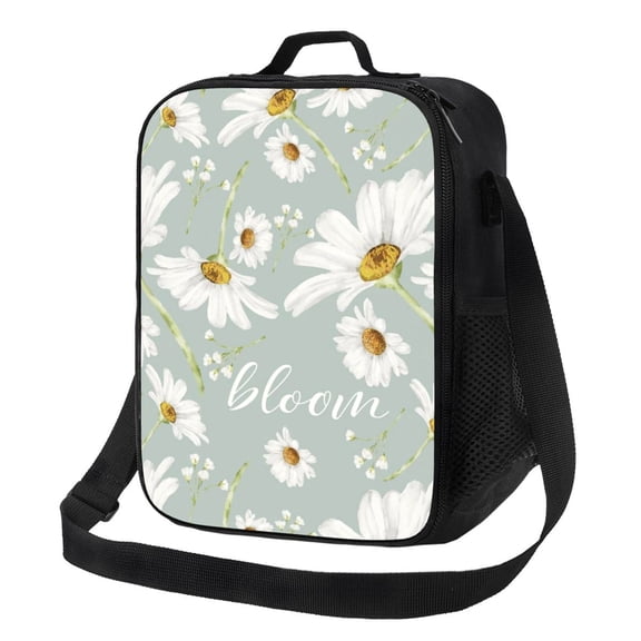 Daisy Hite Floral Lunch Bag Insulated Thermal Box with Shoulder Strap & Handle for Work and Picnic