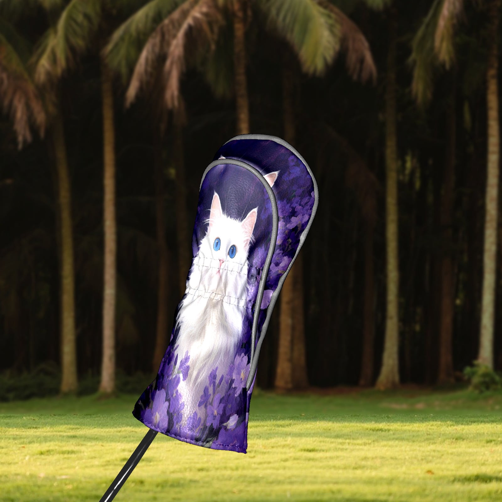 Golf Head Covers Purple Cat Design for Driver, Wood & Hybrid, Premium Waterproof PU Leather with Plush Lining, Mystical Animal Golf Gifts