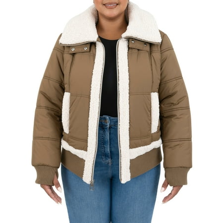 Cyn & Luca Women's Plus Size Sustainable Bomber Jacket with Sherpa Trim