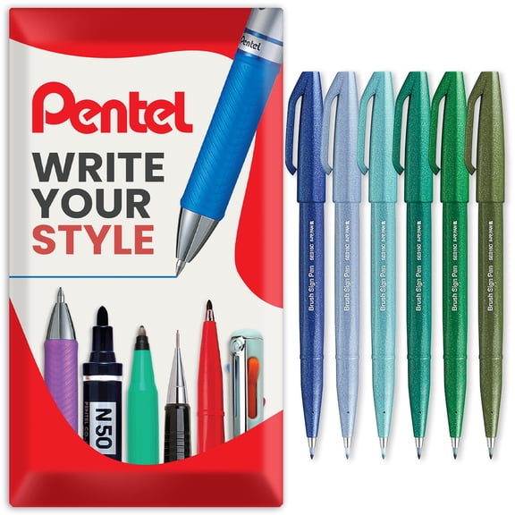 Pentel SES15C Brush Sign Pen Fibre Tip Marker Fineliner Pens - Gift Box of 6 - Cool Tones