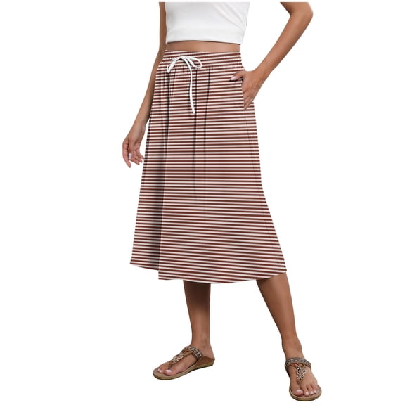 Uscallm Women's Striped A-Line Maxi Skirt Flowy Midi Casual Boho Beach Vacation Elastic Waist Summer Skirts, Brown L