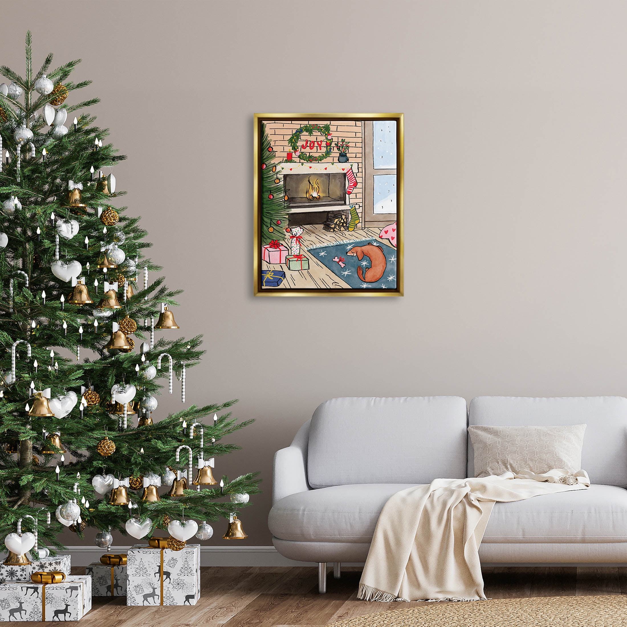 Cozy Christmas Fireplace Tree Holiday Graphic Art Metallic Gold Framed Art Print Wall Art