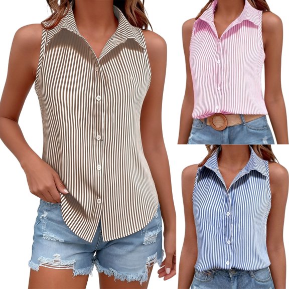 Kojanyu Women's Sleeveless Button Down Shirts Collared V Neck Casual Blouse Summer Striped Tank Tops Loose Fit Work Casual Tops
