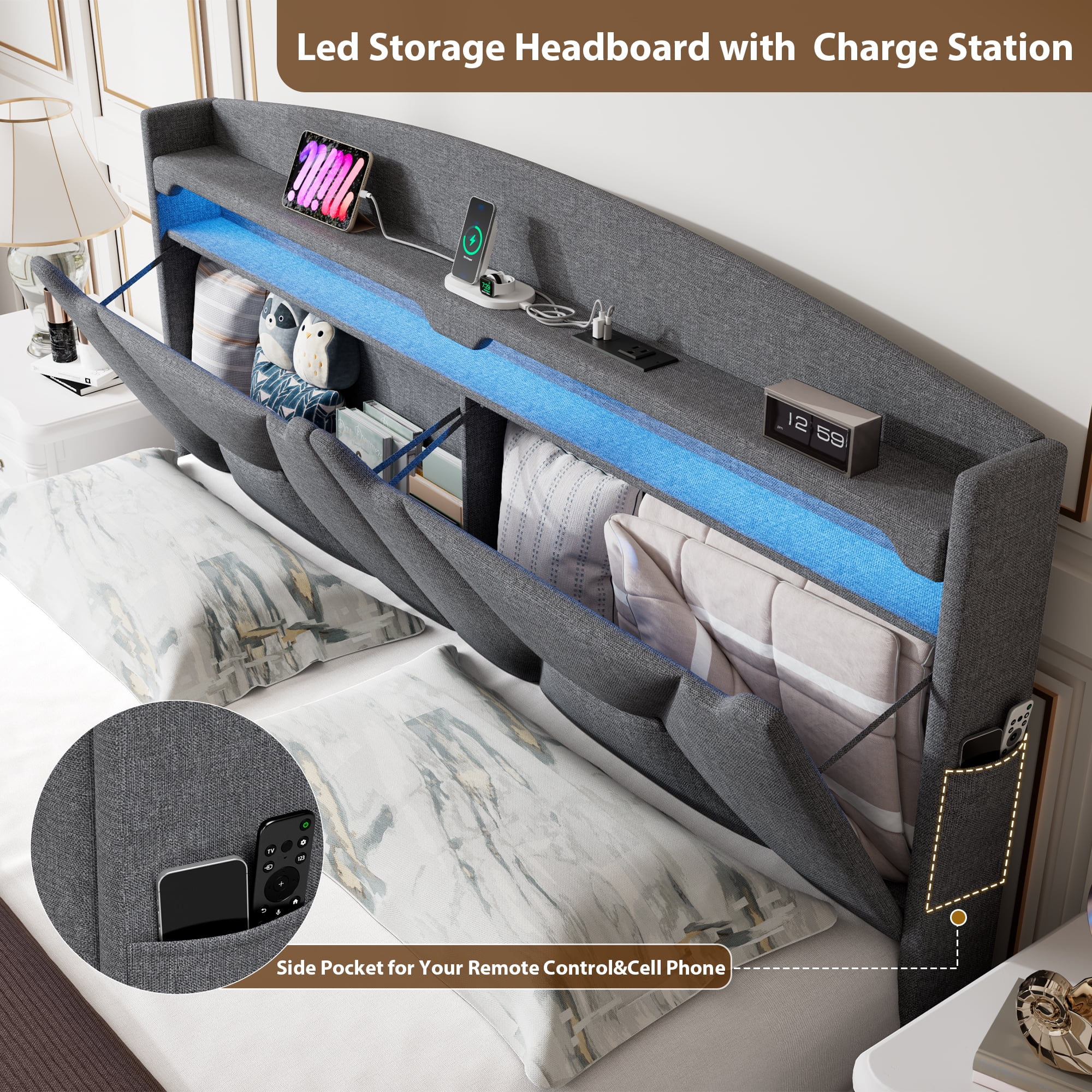 Miniyam Queen Size Upholstered Bed with RGB Headboard, Drawers, USB Ports, Type-C for Adult, Gray
