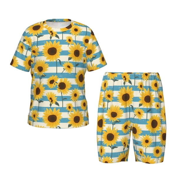 Balery White Blue Striped Sunflower Conjunto de Pijama Infantil de Manga Corta con Estampado – Ropa de Dormir de Algodón Suave-Medium