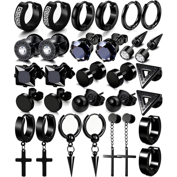 DESIGNICE 15 Pairs Earrings for Men,Stainless Steel Earrings Stud Kit for Men Women Fashion Piercing Jewelry Cross Dangle Hoop Earrings Set
