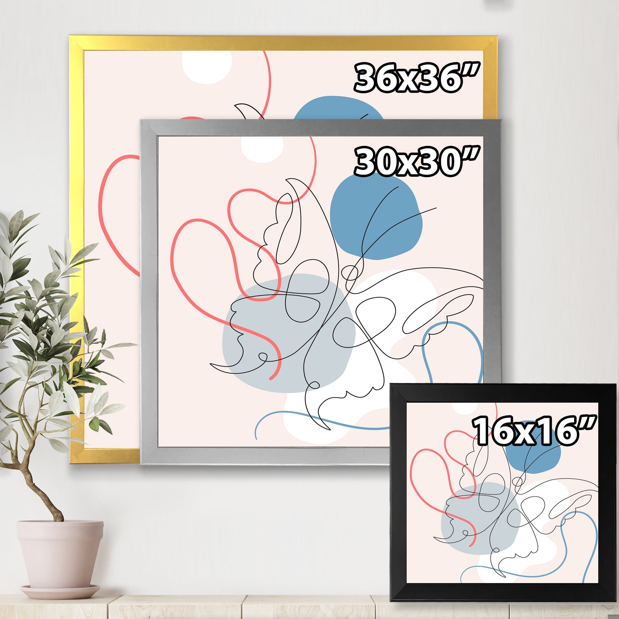Designart 'Butterfly With One Line Drawing On Cubism Shapes I' Modern Framed Art Print
