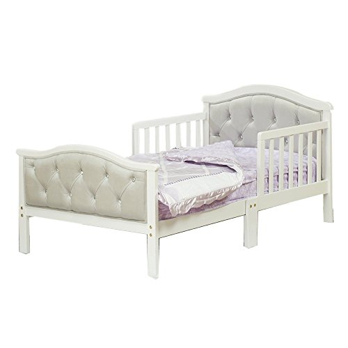 Toddler Bed with Soft Tufted Headboard, Kids Wood Bed Frame with Half