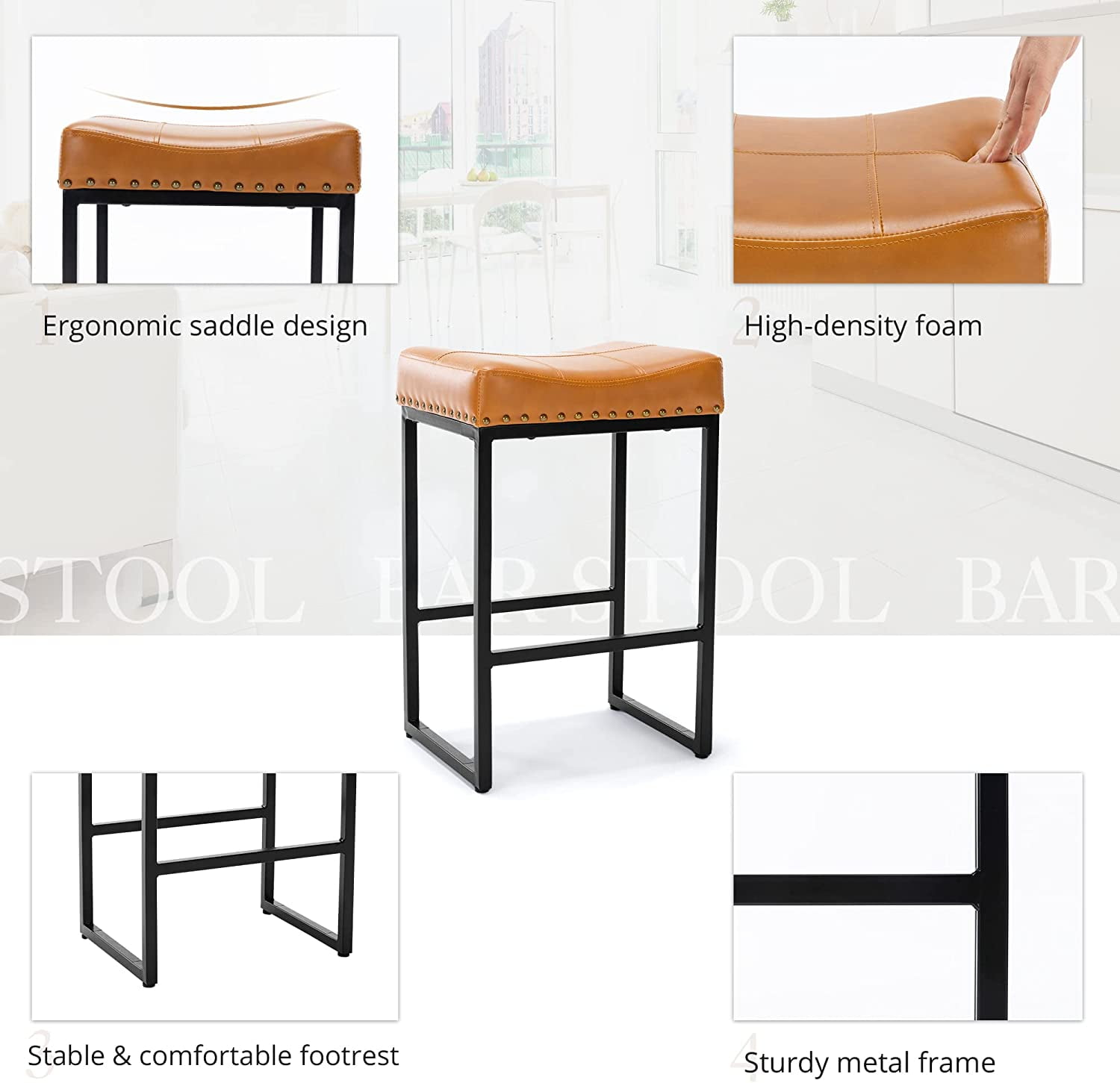 Dycanpo 24" Saddle Counter Height Bar Stools Set of 4, Modern Faux Leather, for Kitchen, Brown