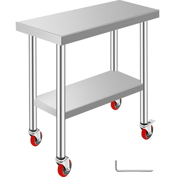 VEVOR 30x12x34 Inch Stainless Steel Work Table 3-Stage Adjustable Shelf with 4 Wheels Heavy Duty Commercial Food Prep Worktable with Brake for Kitchen Prep Work