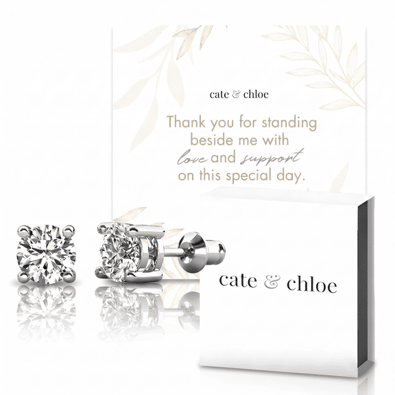 Cate & Chloe Mia 18k White Gold Plated 1ct Stud Earrings & To Bridesmaid Leaf Card