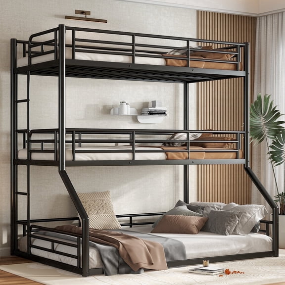 Morufur Triple Bunk Bed Twin over Twin over Full with Built-in Ladder and Safety Guardrail for Teens and Adults, Black