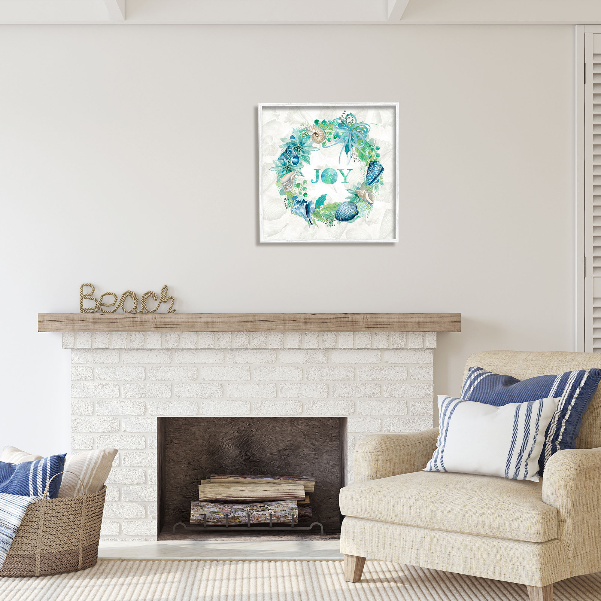 Stupell Industries Joy Coastal Shell Wreath Nature Painting White Framed Art Print Wall Art, 24 x 24