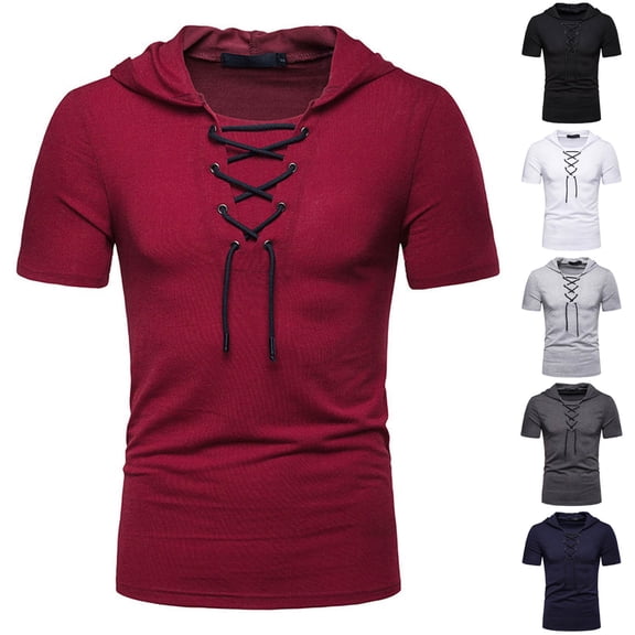 Swuxness Mens Solid Color Short Sleeve Hooded T Shirt Drawstring Closure Casual Daily Summer Tops
