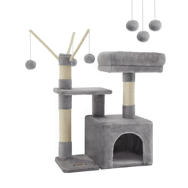 Árbol para Gatos, Torre Pequeño de Gatos con Plataforma Acolchada, Centro de Actividades para Gatos, 3 Pompones, Gris Claro
