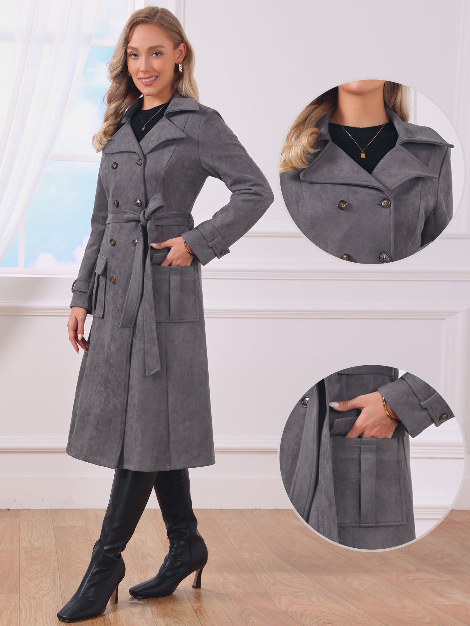 DARING DIVA Women's Long Faux Suede Jacket Fall Winter Trench Coat with Pockets XL Gray
