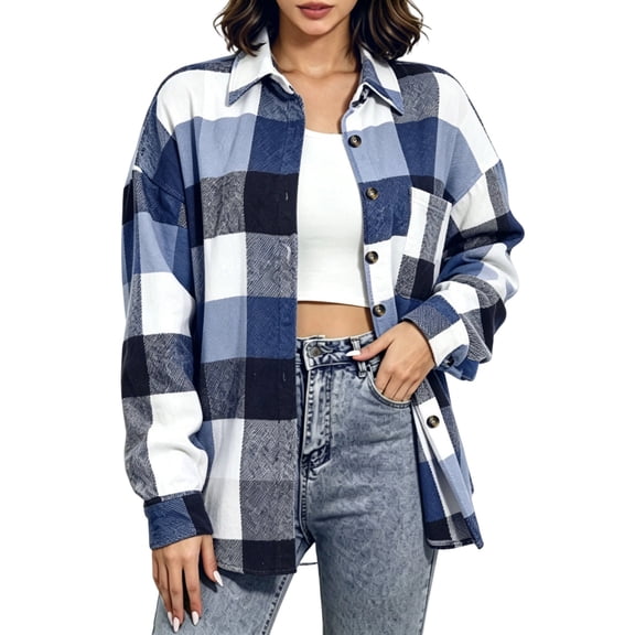gbyLJF Women's Plaid Flannel Shirt Jackets Plaid Button Down Long Sleeve Cardigan Loose Fit Fall Collared Shirts