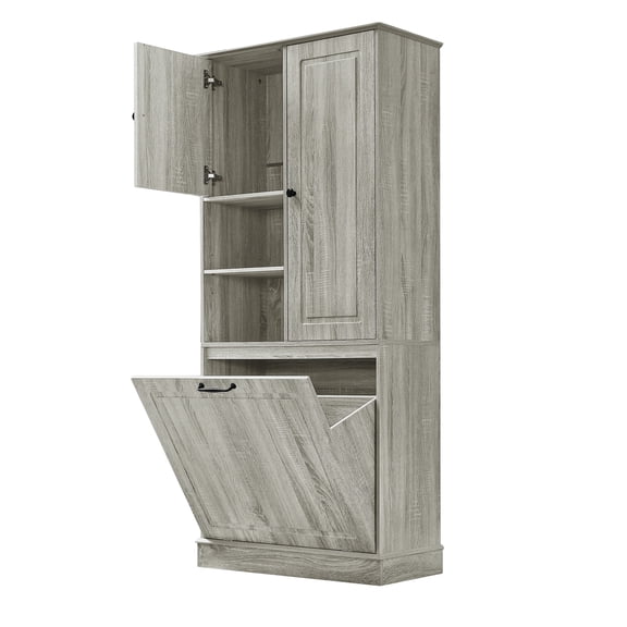 Tall Storage Cabinet with Adjustable Shelves, Flip-Out Basket & Enclosed Cabinets, for Bathroom Living Room Office Organization, Oak