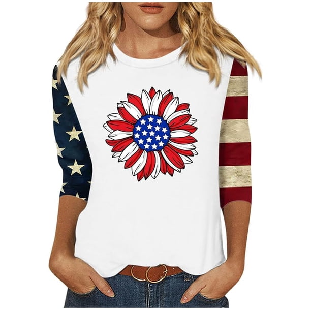 Camisetas de Manga Corta para las Mujeres Día de la Independencia Patriótica Impresa 3/4 Manga Cuello Redondo, Camiseta Casual para Diarios Y Festivales