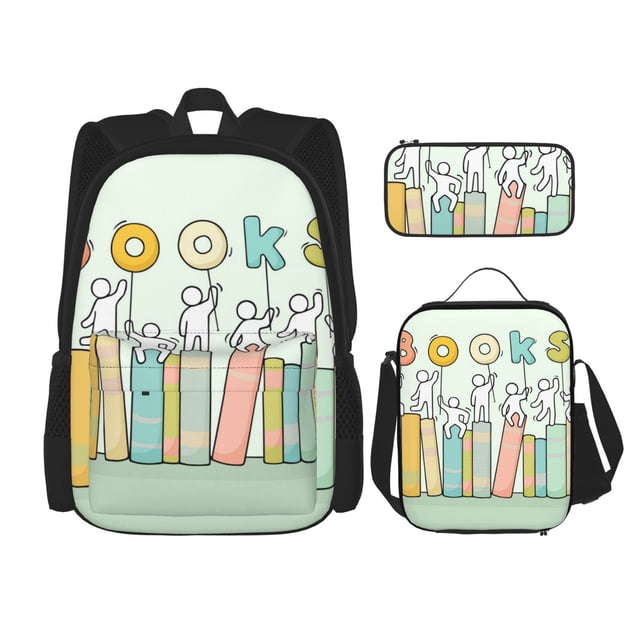 Easygdp Books Mochila para Niños y Niñas con Set de Caja de Almuerzo y Estuche para Lápices 3 en 1, Mochila Escolar Estampada para Adolescentes