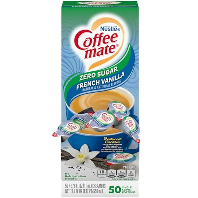 Nestle Coffee mate Coffee Creamer, Sugar Free French Vanilla, Liquid Creamer Singles, Non Dairy, No Refrigeration, Box of 50 Singles