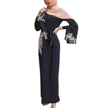 Women's Muslim Kaftan Belt Robes Beaded Long Sleeve Abaya Party Maxi (Katana Best Sword In The World)