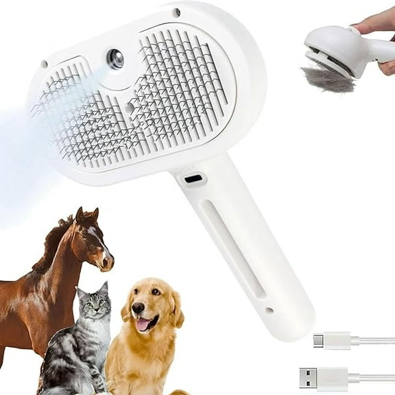 Saluqifa Magilc Wand for Pet Hair, Steam Pelage Comb Brush, Self-Cleaning Hair Remover with LED Blue Light, Rechargeable for Indoor Cats Dogs Pets(White,Without Essence)