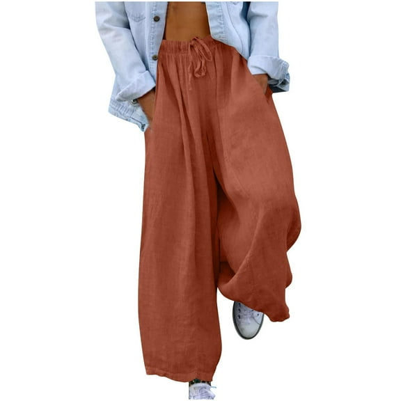 Busydd Women's Pants Solid Color Casual Pants Fashion Loose Wide Leg Pants Elastic Waist Flowy Beach Pants for Women with Pockets and Drawstring