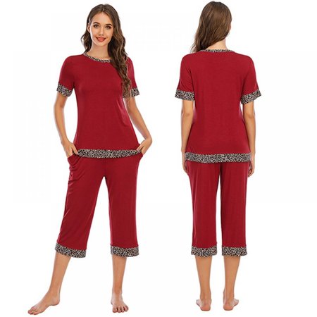 

[BRAND FACTORY PRICE!]Fashion Casual Women Pajamas Set Home Service Set Patchwork Short Sleeve Tops and Calf-length Pants