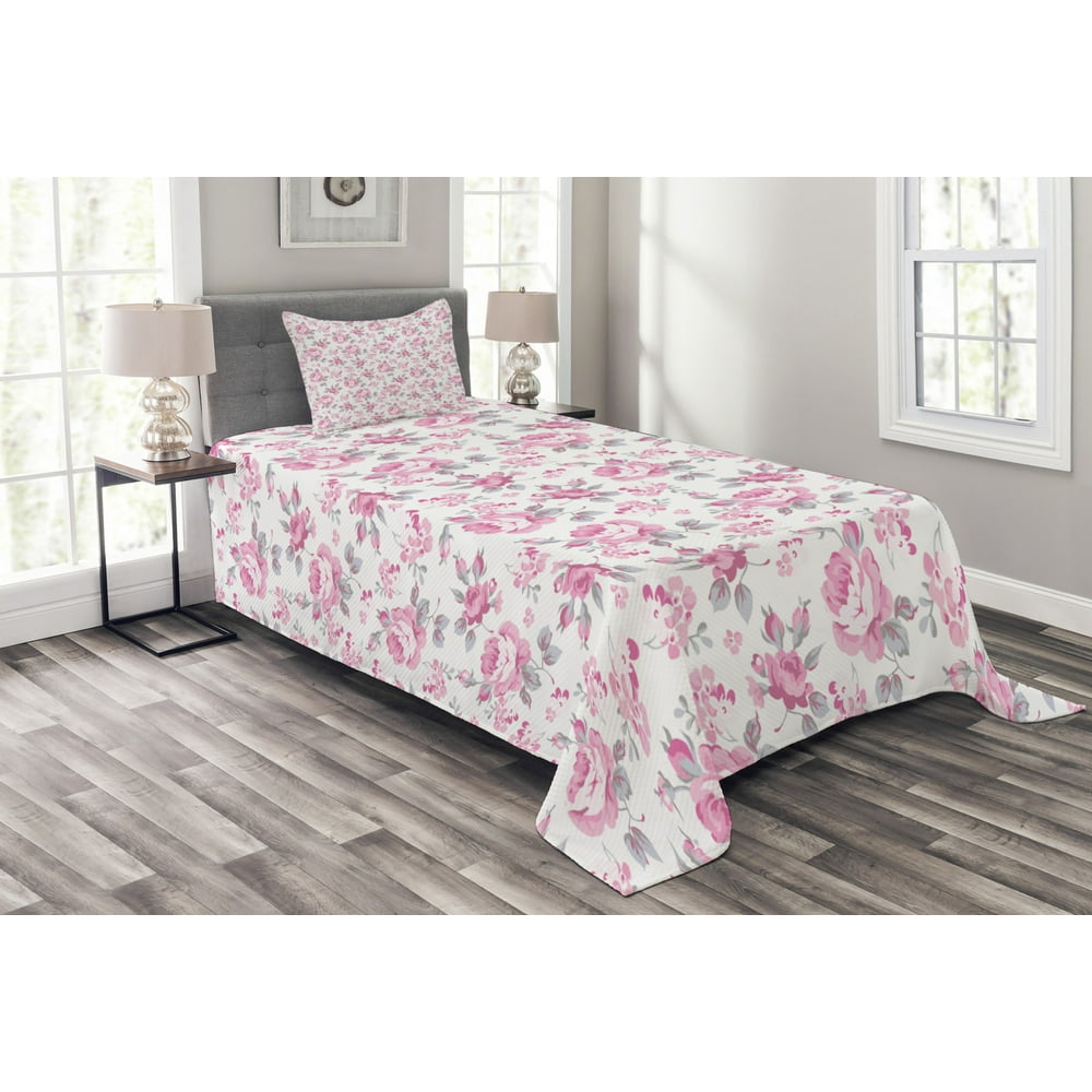 Shabby Chic Bedspread Set Twin Size, Pink Roses with Grey Leaves Garden