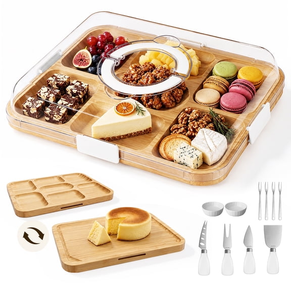 Hecef 12-Piece Carbonized Bamboo Charcuterie Board Set With Lid, Portable Cheese Board With Knives And Bowls, 15 Inches