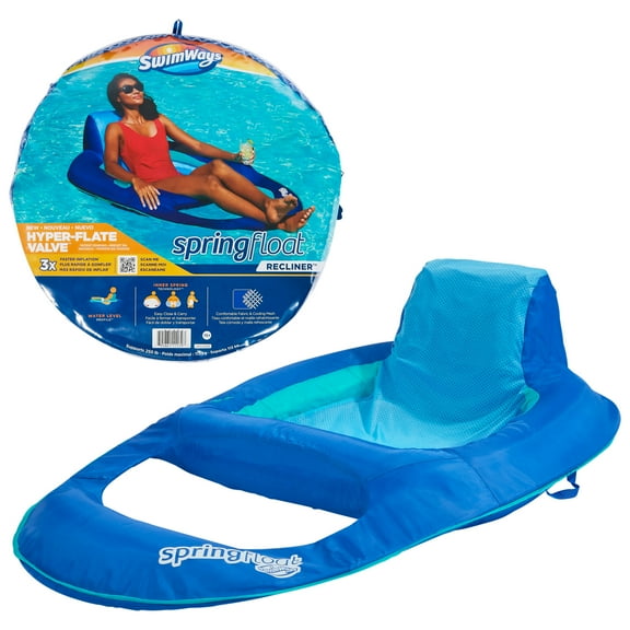 SwimWays Spring Float Recliner Chair for Swimming Pool, Inflatable Pool Floats Adult with Fast Inflation, Cup Holder & Foot Rest for Ages 15 & Up, Blue