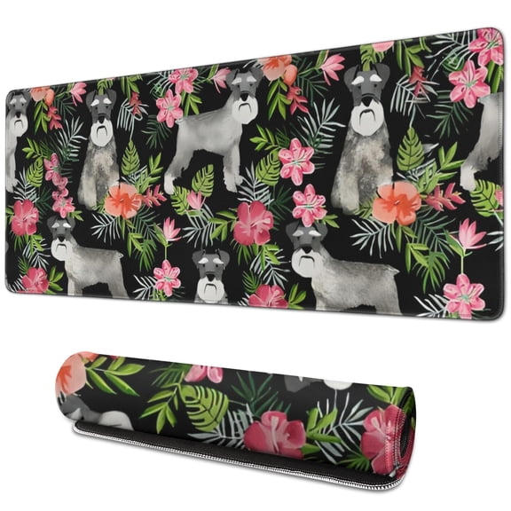 Long Mouse Pads for Desk,Schnauzer with Pioneer Flower Desk Mats on Top Of Desks, Desk Mouse Pad Extra Large with 3mm Non-Slip Base and Stitched Edge for Gaming,Office,Work,Home 31.5"x11.8"