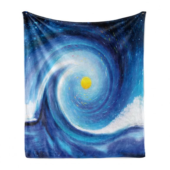 Abstract Soft Flannel Fleece Throw Blanket, Surfer Wavy Like Design with Little Vivid Point and Sun Print, Cozy Plush for Indoor and Outdoor Use, 50" x 70", Blue White and Yellow, by Ambesonne