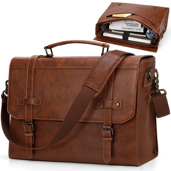 RAINSMORE Mens Messenger Bag 17 Inch Waterproof Vintage Leather Laptop Briefcase Satchel Bag Computer Shoulder Bag Large Laptop Bag for Office Business Travel College,Browm