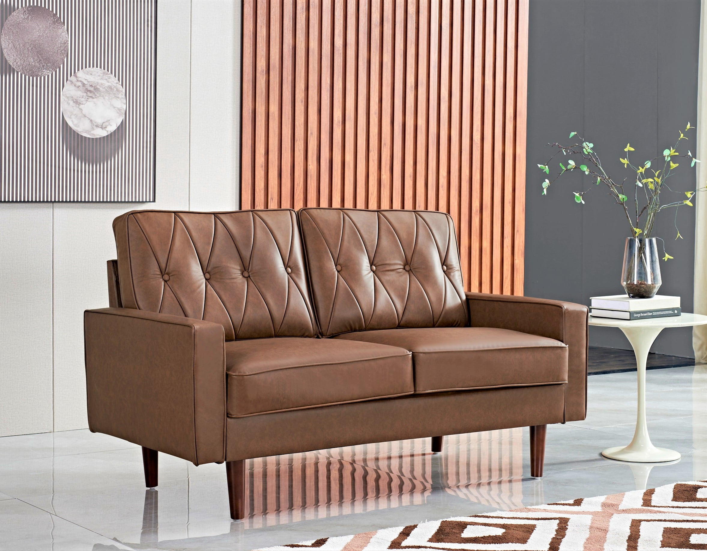 Uspridefurniture Acire 57.5" Faux Leather Cushion Back Loveseat, Brown