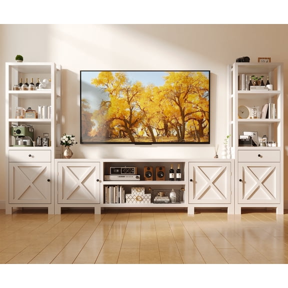 WARAYZ Farmhouse U-Shaped TV Stand for TVs up to 75", 3-in-1 Entertainment Center with Drawers, Adjustable Shelves, Power Outlets & USB, White